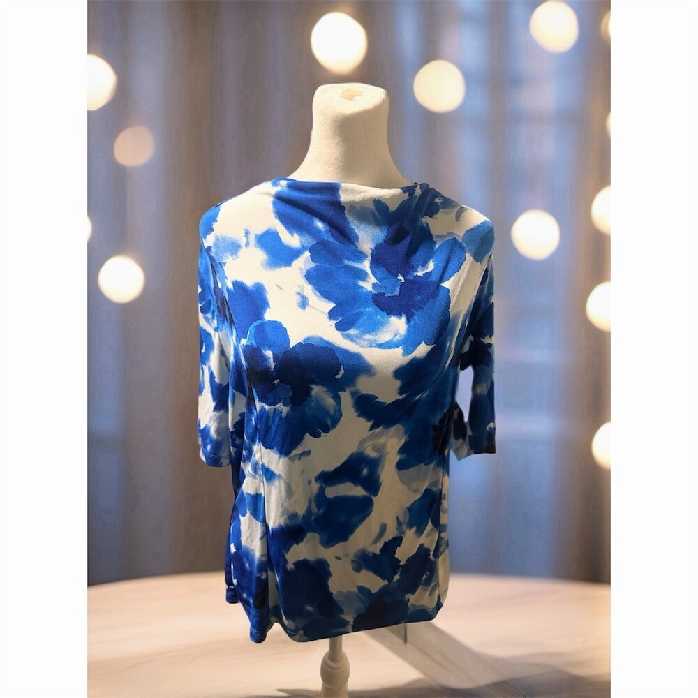 Calvin Klein Blouse Womens Size Xl Blue Floral 3/4 Sleeve Boat Neck Stretch